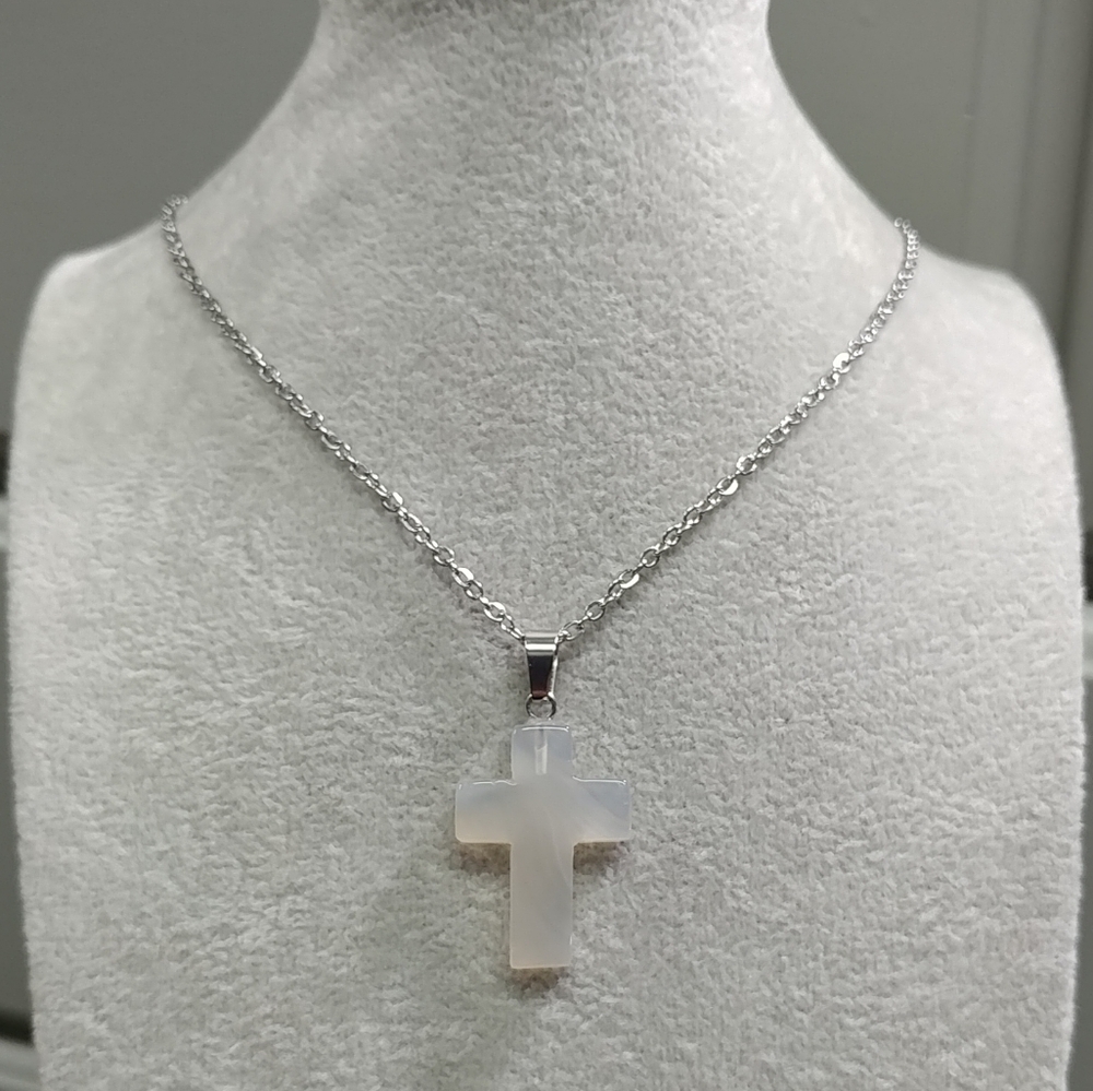 White Agate Cross 23.5" Necklace Natural Gemstone Crystal Pendant StainlessSteel